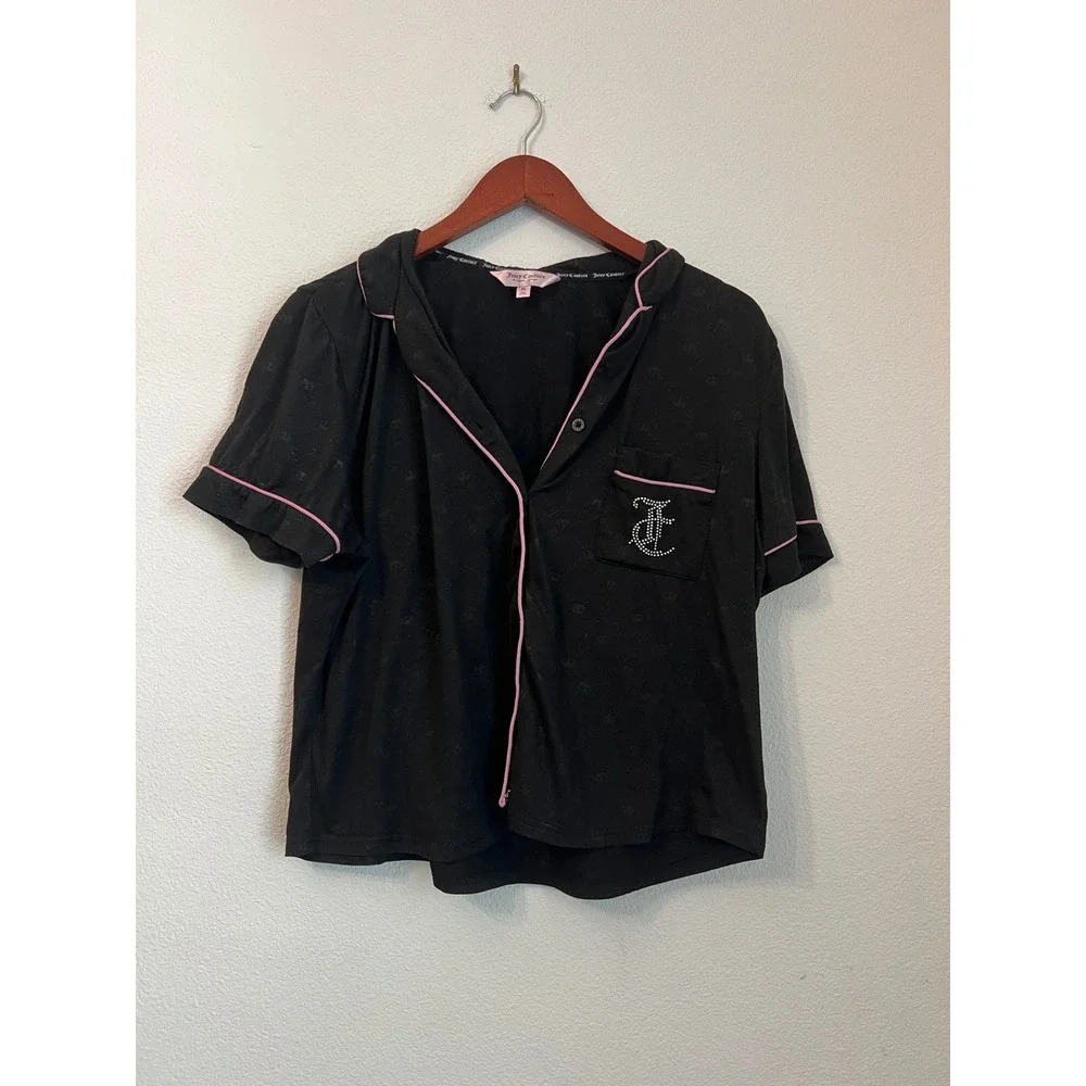 Juicy Couture Pajama Top XL‎ Black Rhinestone Sleep Shirt Loungewear